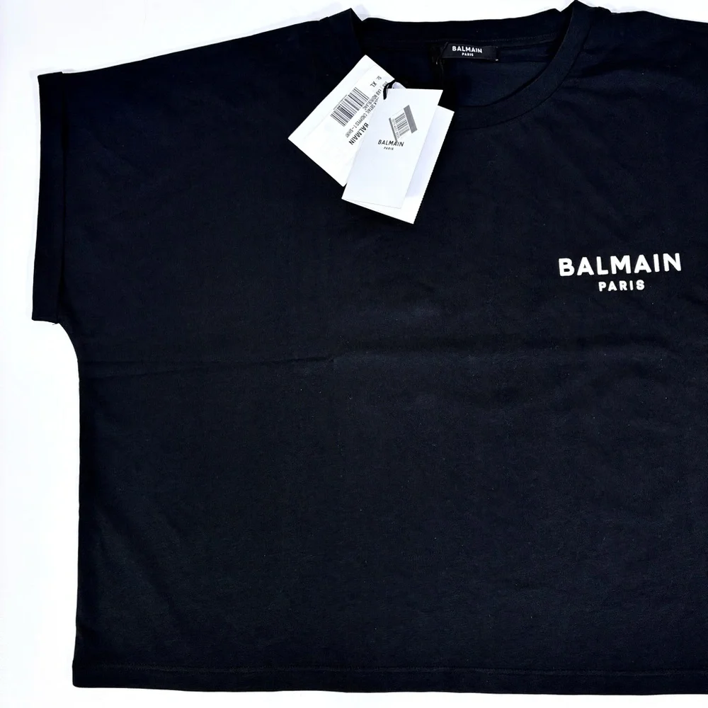 Balmain Cropped Eco-Designed Cotton T-Shirt Tee Flocked Logo Black XL NWT - Picture 14 of 14